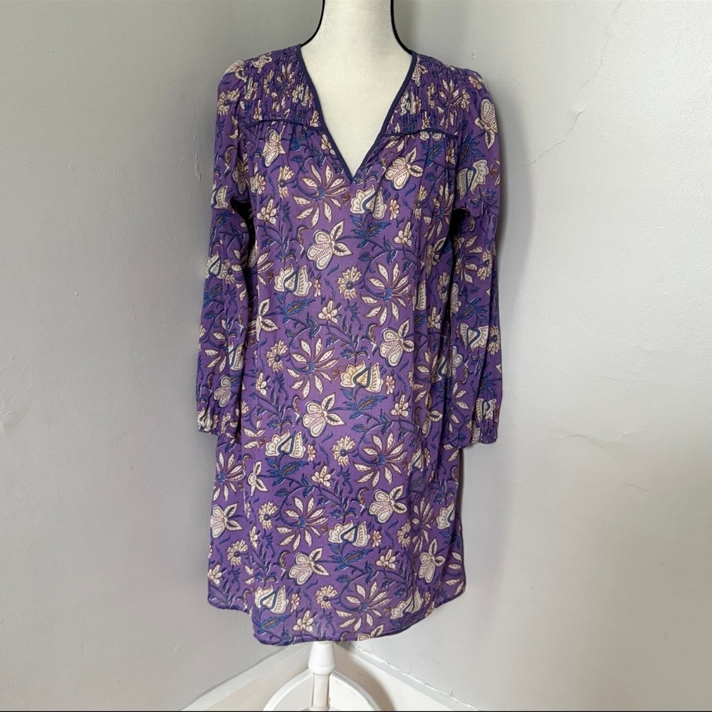 Xirena Nyssa Floral Long Sleeve V Neck Smocked Mini Dress Purple Gaze Small